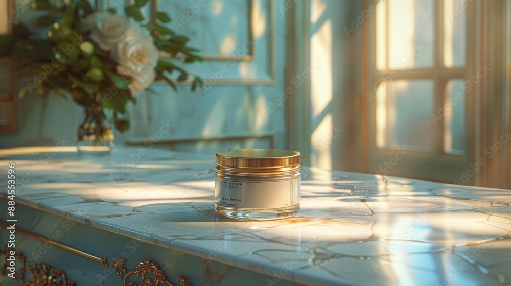 A moisturizer jar on a vanity table with soft morning light creating a serene ambiance. A moisturizer jar on a vanity table with soft morning light creating a serene ambiance.