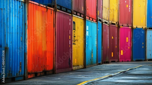 A row of colorful cargo containers at a shipping yard.