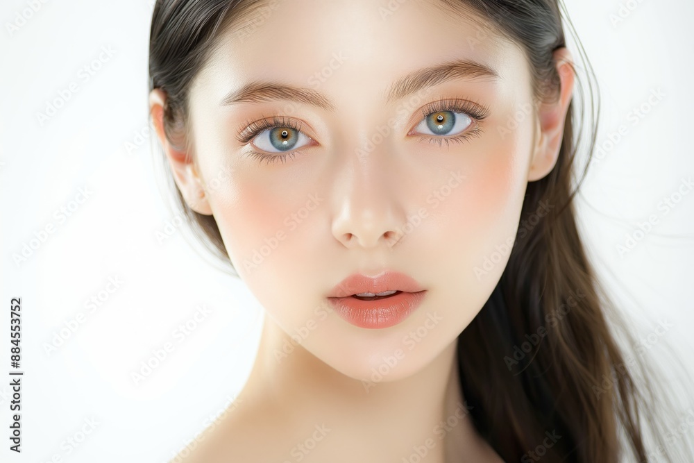 Fototapeta premium close up face portrait of young pretty Asian woman Hazel color eyes with bright flawless skin, beauty cosmetic or skincare fashion portrait with copy space