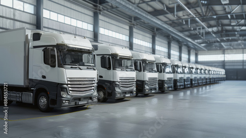 A row of new semi trucks inside a large modern warehouse