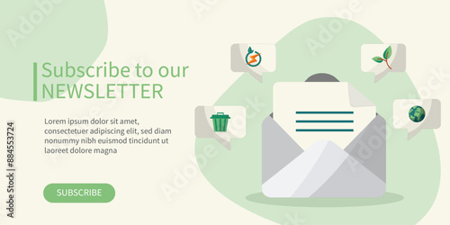 Sustainability newsletter. Green newsletter. Environmental newsletter. Subscribe to our Newsletter Email Campaign with Eco-friendly Icons. Banner illustration, professional banner, 