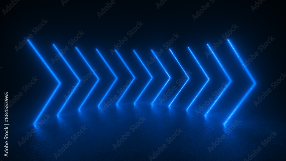 Naklejka premium A row of blue neon arrows glows in a dark room.