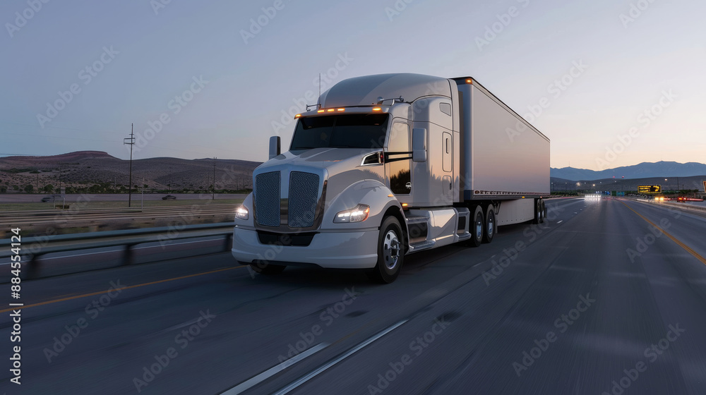 A semi-truck travels down the highway at dusk. A semi-truck travels down the highway at dusk.