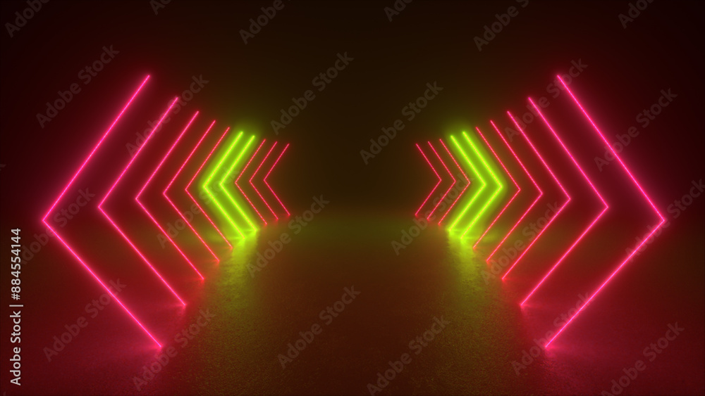 Obraz premium Neon lights form a tunnel of arrows in a dark room. The glow creates a sense of depth and movement.