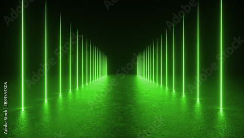 A series of green neon lights illuminate a dark room, creating a symmetrical pattern on the floor.