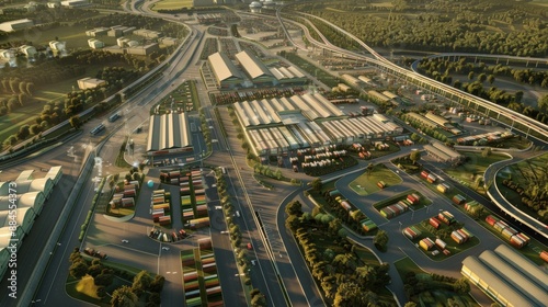 Aerial view of a large logistics center with many trucks and containers