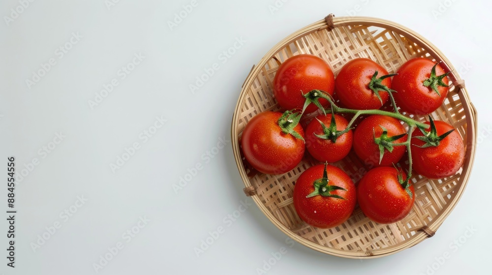 Fresh red tomatoes on bamboo plate on white background with copy space Fresh red tomatoes on bamboo plate on white background with copy space