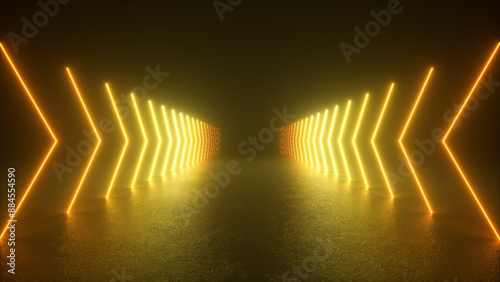 A dark room with bright yellow neon lights forming arrows lining the walls, leading to a glowing, hazy center.