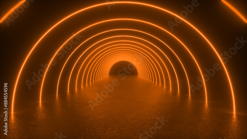 A tunnel of glowing orange neon arches leads into the darkness.