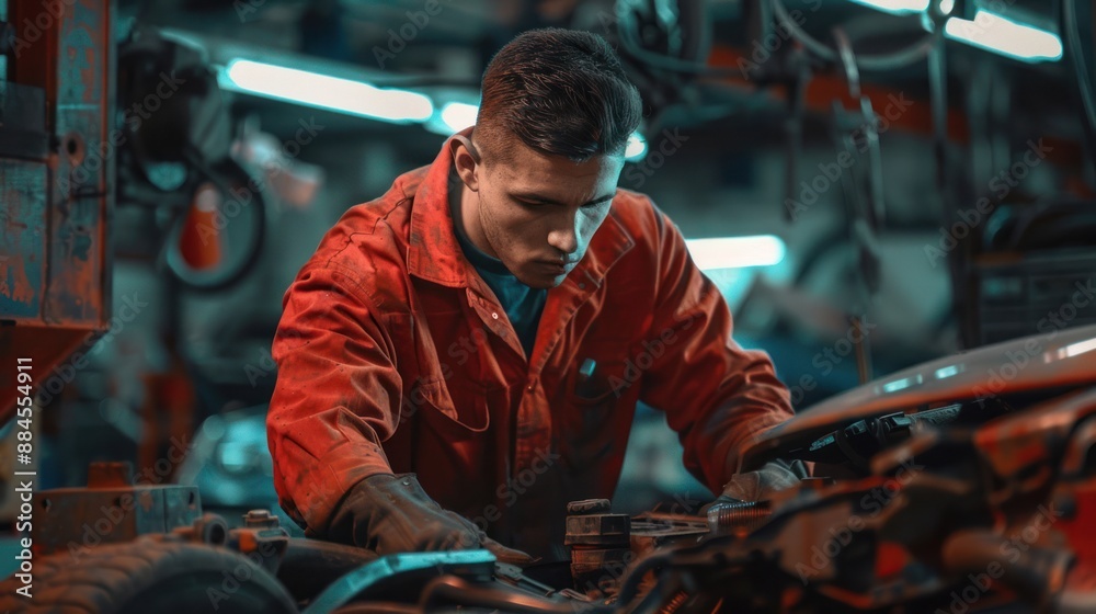 Focused Mechanic Working on Engine - A dedicated mechanic in a red uniform intensely focused on repairing a car engine inside a well-lit workshop. Focused Mechanic Working on Engine - A dedicated mechanic in a red uniform intensely focused on repairing a car engine inside a well-lit workshop.