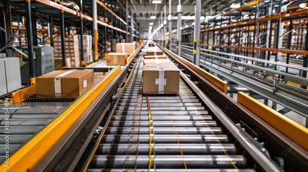 Boxes on a conveyor belt in a modern warehouse Boxes on a conveyor belt in a modern warehouse