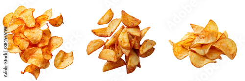 Assorted seasoned potato chips on white background, png