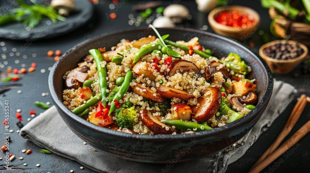 The national cuisine of Japan. Warm salad of quinoa, mushrooms, asparagus and beans with teriyaki sauce.