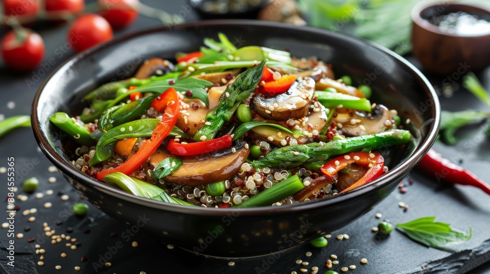 The national cuisine of Japan. Warm salad of quinoa, mushrooms, asparagus and beans with teriyaki sauce. The national cuisine of Japan. Warm salad of quinoa, mushrooms, asparagus and beans with teriyaki sauce.