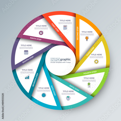 Infographic circular diagram with 9 options. Multi-step process chart with colorful segments, ideal for visualizing data, business strategies, educational concepts.