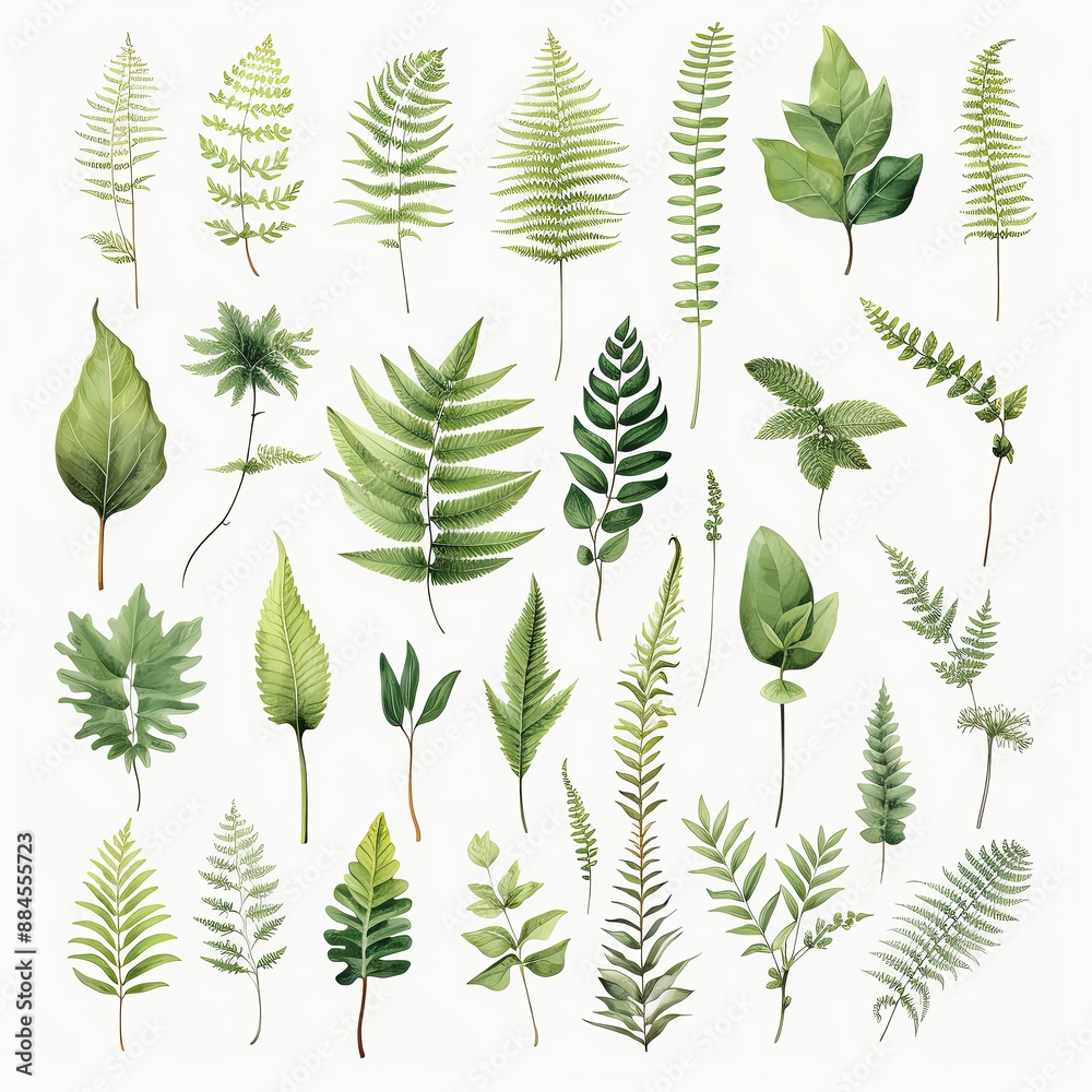 A diverse collection of green leaves and ferns isolated on a white background, showcasing various types of foliage in a botanical illustration. A diverse collection of green leaves and ferns isolated on a white background, showcasing various types of foliage in a botanical illustration.