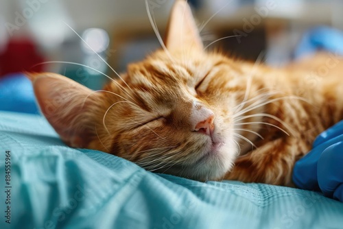 A ginger cat sleeps peacefully on a blue surgical drape. The cat's eyes are closed and its face is relaxed. A gloved hand is visible in the background.