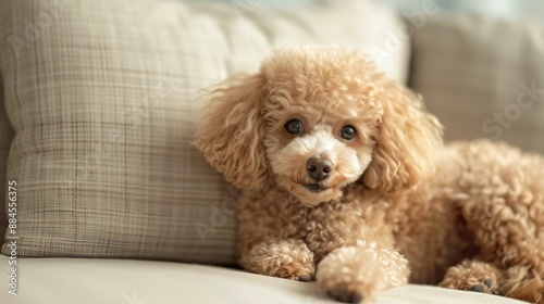 Adorable curly-haired brown poodle relaxing on a cozy couch, looking at the camera with a cute and curious expression.