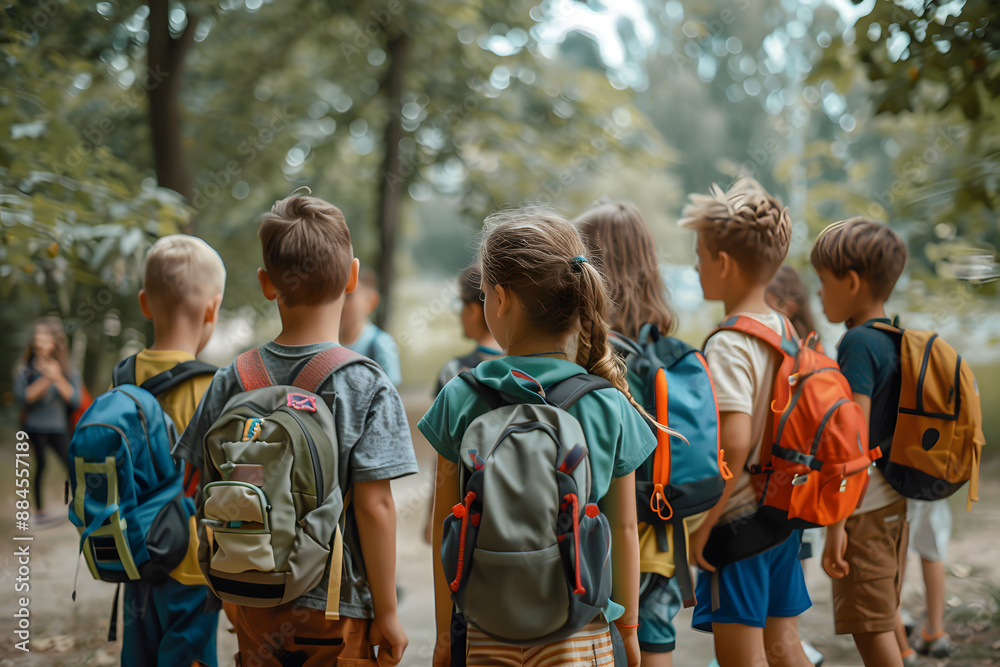 back view of group of children with backpacks in park back view of group of children with backpacks in park