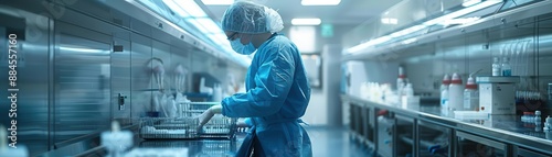 A scientist in a lab coat and protective gear works in a sterile lab environment.