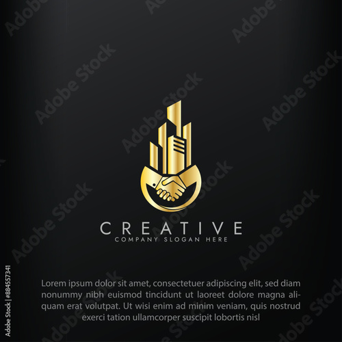 Property business golden logo with handshake vector 