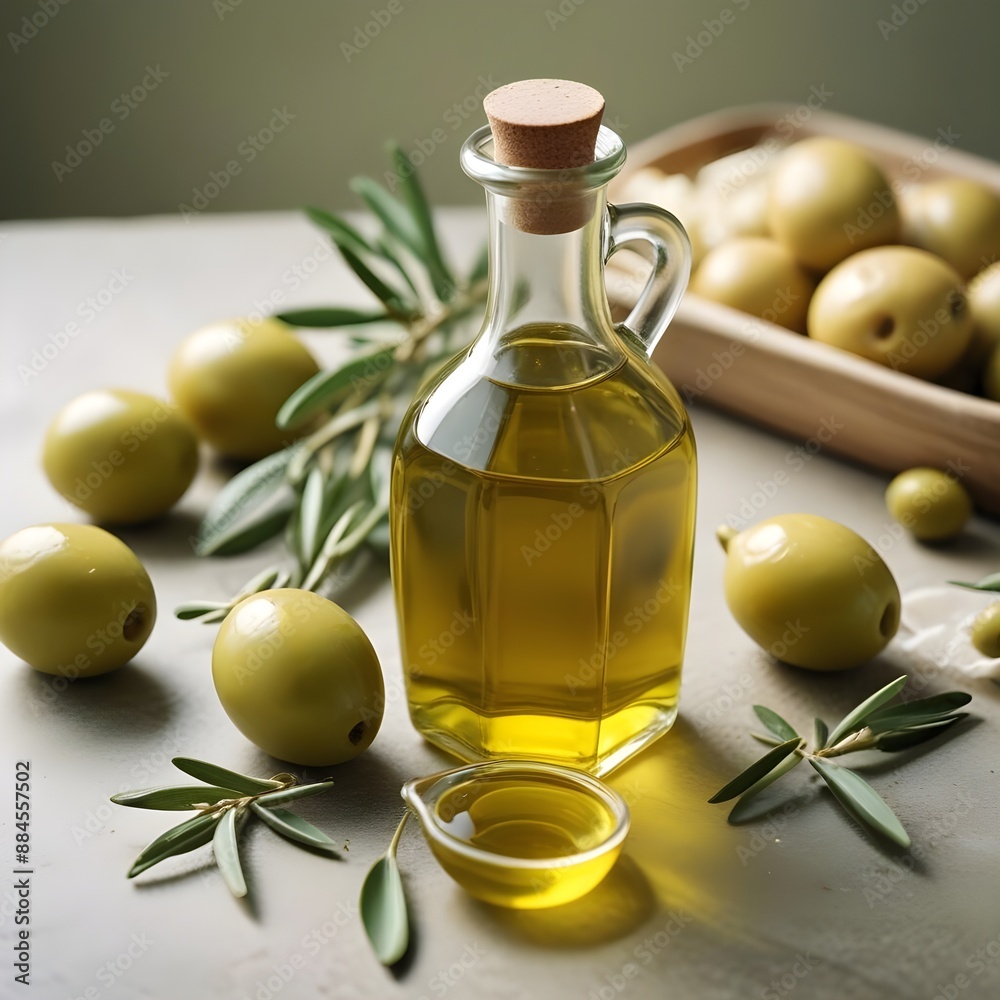 Elegant glass carafe filled with premium olive oil, surrounded by a selection of vibrant, olives and leaves Elegant glass carafe filled with premium olive oil, surrounded by a selection of vibrant, olives and leaves