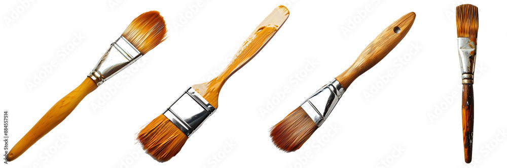Collection of paint brush with strokes of paint on white background