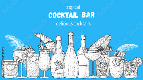 Alcoholic cocktails frame. Tropical cocktails. Hand drawn vector illustration. Cocktails sketch set. Engraved style.