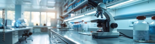 A sterile laboratory with a microscope and beakers on a counter. photo