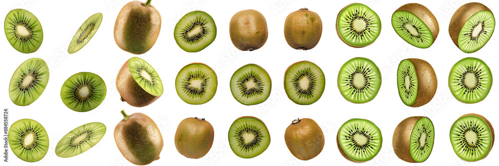 Fototapeta premium Whole, halved, and sliced kiwi fruit isolated on a white background, png