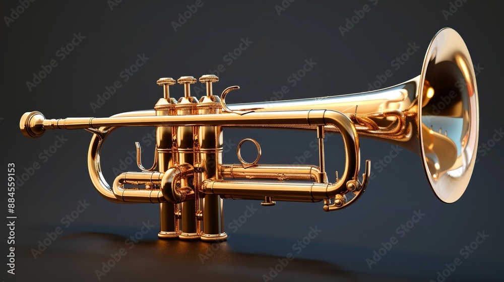 Obraz premium A shiny gold trumpet is beautifully showcased on a dark background, emphasizing the glossy finish and exquisite craftsmanship of this premium musical instrument.