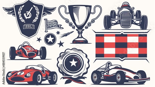 A vintage collection featuring racing cars, trophies, and awards. Emphasizes nostalgia, achievement, and competitive passion portrayed in a classic and timeless artistic style.