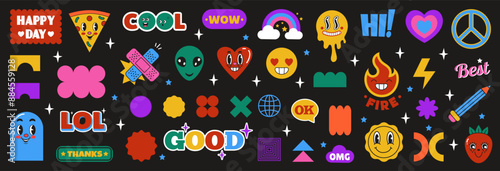 Shape geometric, sticker design. Abstract element, graphic retro icon. Typography modern set. Doodle star y2k color, vintage figure, cool smile. Rainbow, heart and phrases. Vector tidy background