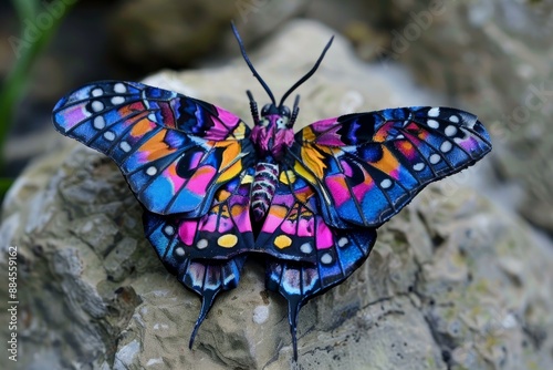 Closeup of a colorful artificial butterfly with intricate designs, resting on a stone surface photo