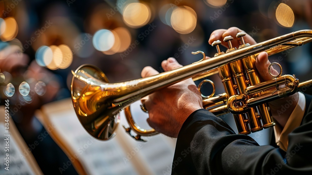Obraz premium A close-up shot of a musician expertly playing the trumpet, highlighting the golden instrument and the formal atmosphere with musical notes in the background.