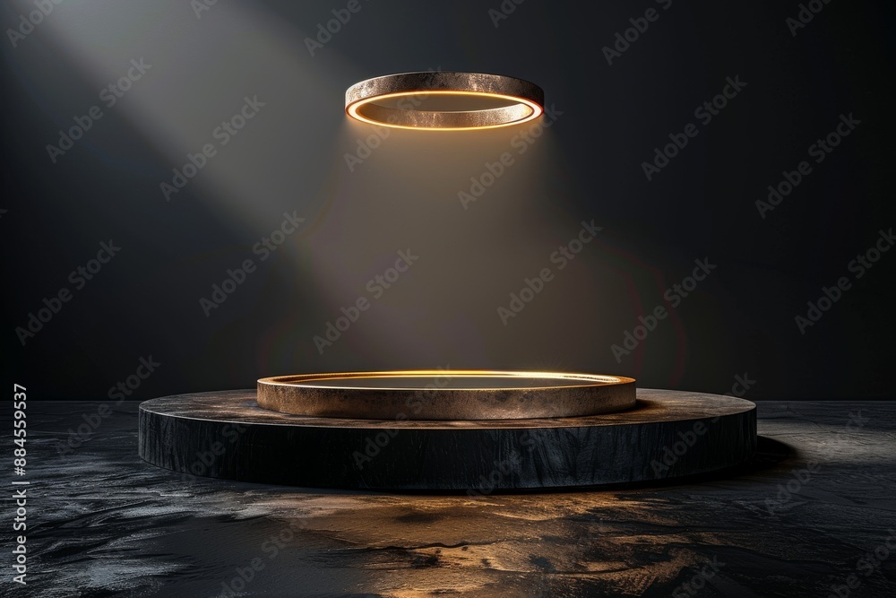 Illuminated golden halo above an elevated platform against a dark background Illuminated golden halo above an elevated platform against a dark background