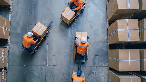 Top view of a warehouse with workers in orange vests moving boxes with a pallet jack