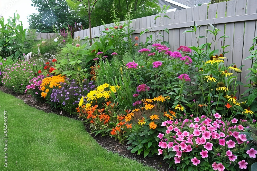 Colorful garden with diverse flowering plants and green lawn cheerful outdoor scene vibrant and lush garden beauty Colorful garden with diverse flowering plants and green lawn cheerful outdoor scene vibrant and lush garden beauty