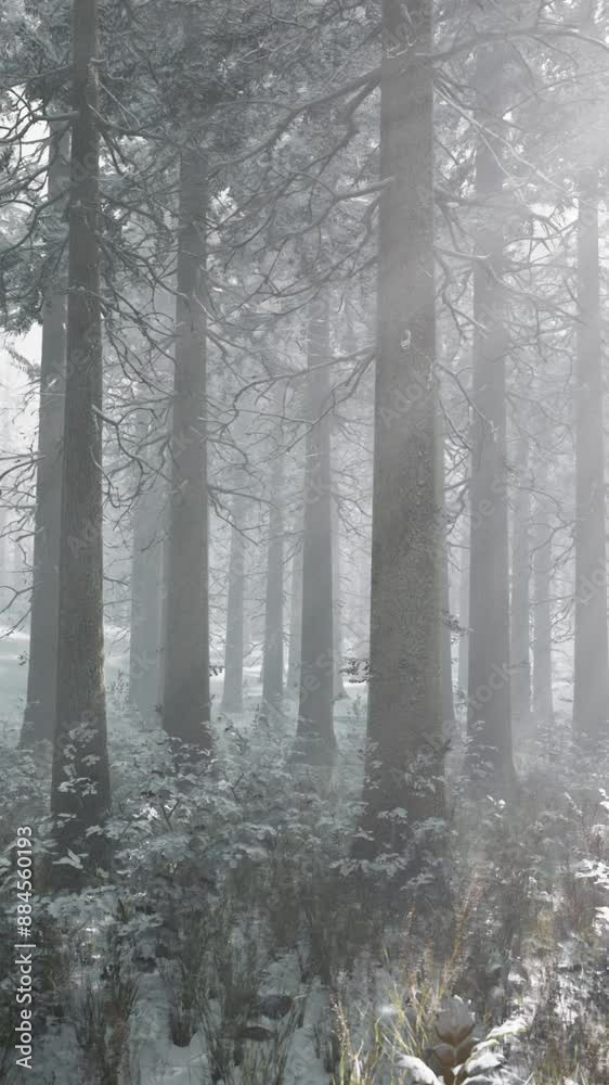 Sunset or sunrise in the winter pine forest covered with a snow Sunset or sunrise in the winter pine forest covered with a snow