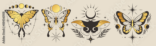 Golden butterfly. Mystic gold poster. Sun, moon and botanical elements. Esoteric boho moth. Tarot decor, mystery card celestial astrology. Boho tattoo vintage. Vector symbol bohemian magic minimal set