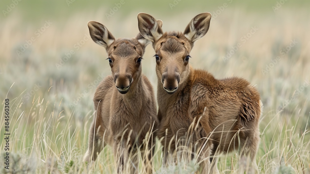 An image of two elk calves standing closely on a grassy field, surrounded by their natural habitat, depicting the serene and innocent beauty of wildlife. An image of two elk calves standing closely on a grassy field, surrounded by their natural habitat, depicting the serene and innocent beauty of wildlife.