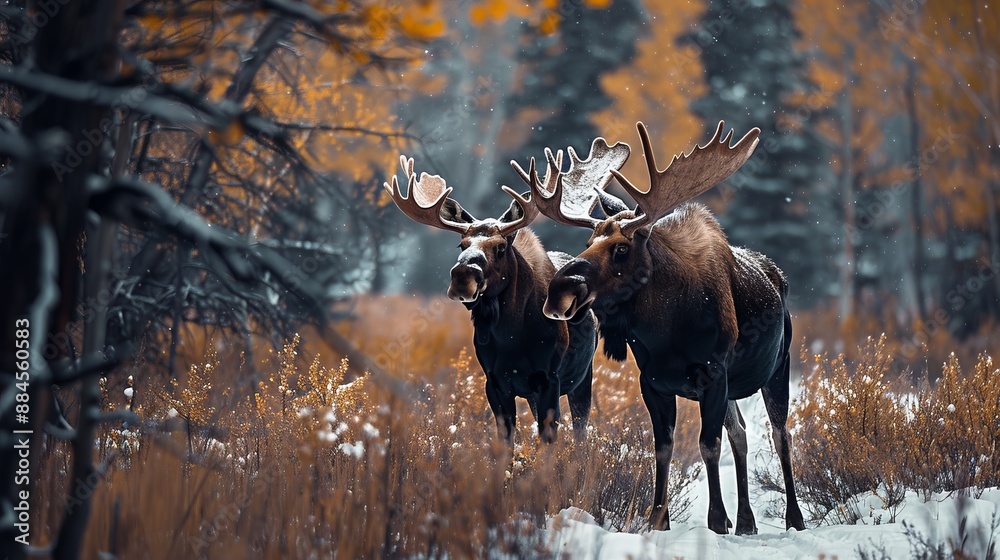 Two moose with large antlers stand on a snowy path surrounded by a forest with autumn foliage, creating a striking contrast between the seasons. Two moose with large antlers stand on a snowy path surrounded by a forest with autumn foliage, creating a striking contrast between the seasons.