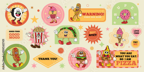 Sticker food character. Cafe label. Taco and ice cream mascots. Groovy retro icon. Cartoon pizza and burger. Spicy hamburger smile. Donut and muffin. 70s card design. Fastfood menu vector badges set