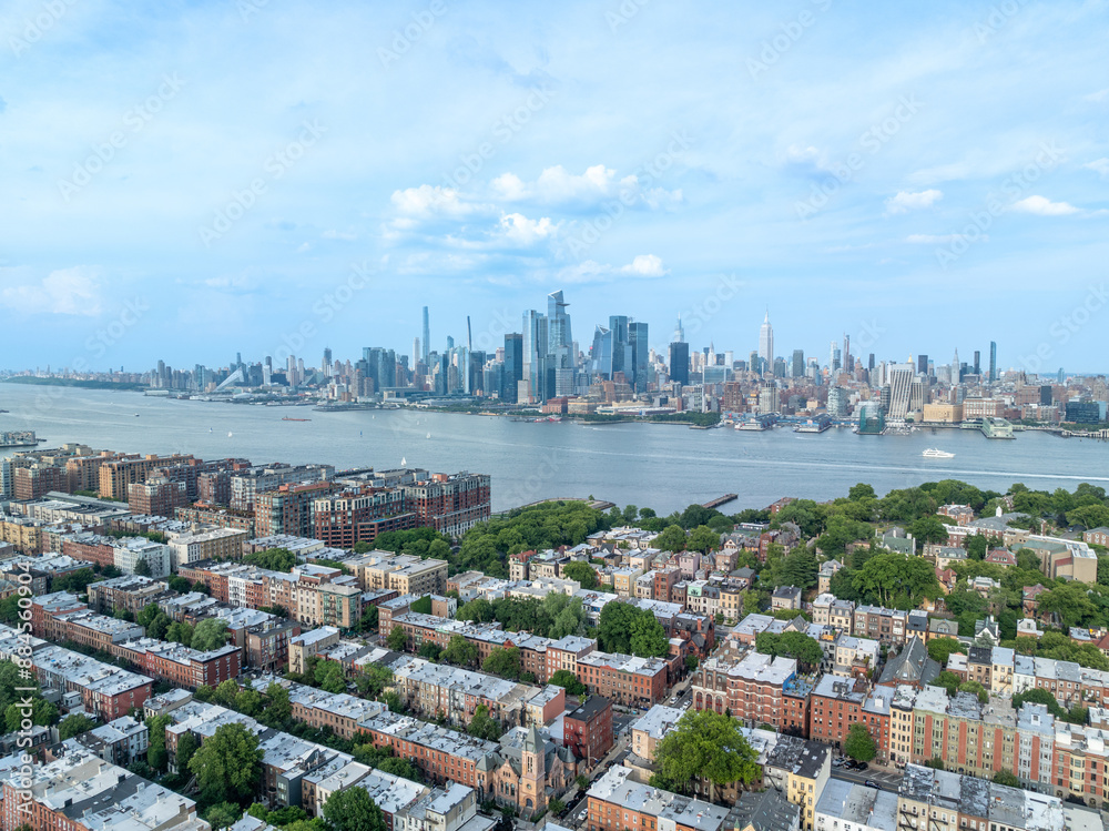 Aerial View of Hoboken downtown and Manhattan Skyline on the background.