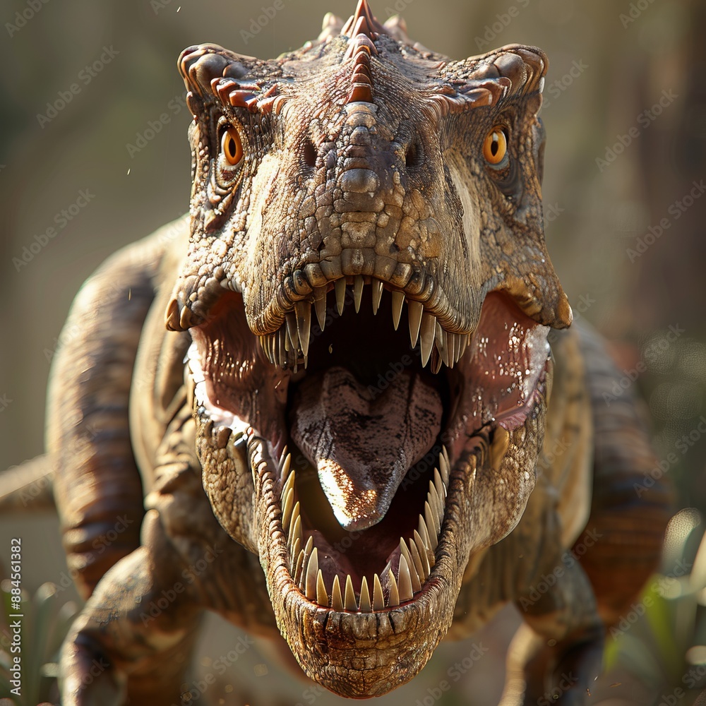 Obraz premium A fierce dinosaur, with its mouth wide open and teeth bared, is shown roaring in a dense prehistoric jungle, capturing the raw power and ferocity of this ancient predator.