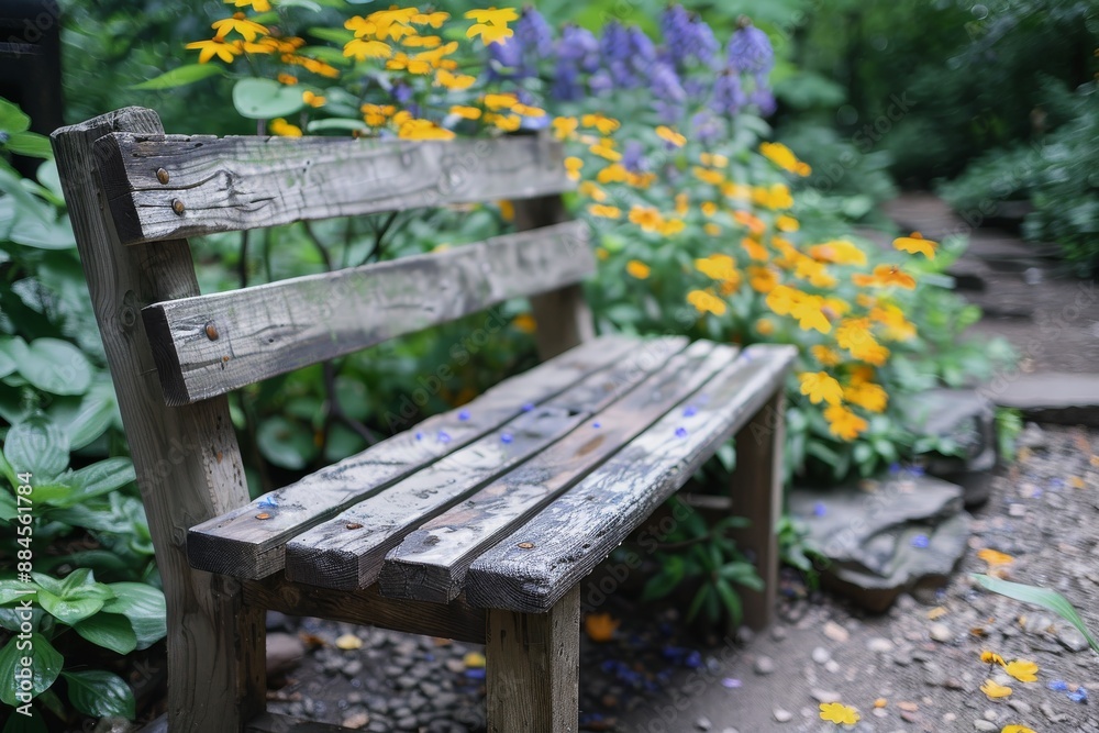 Naklejka premium Wooden bench in a garden with vibrant flowers peaceful and inviting outdoor seating serene garden retreat