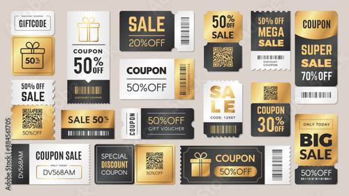 Voucher coupon collection. Discount 50, gift code, sale ticket. Promo card promotion, event off 10, bar code, icon golden discount certificate, big voucher, premium lottery. Vector banner price set