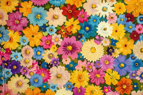 Vibrant and colorful floral pattern background with assorted artificial flowers and a variety of vibrant colors. Creating a festive and cheerful design texture for crafting. Fabric. Wallpaper