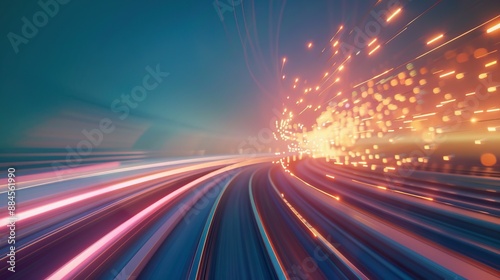 Dynamic light trails creating a futuristic effect against a dark blue background, symbolizing technology, speed, and innovation.