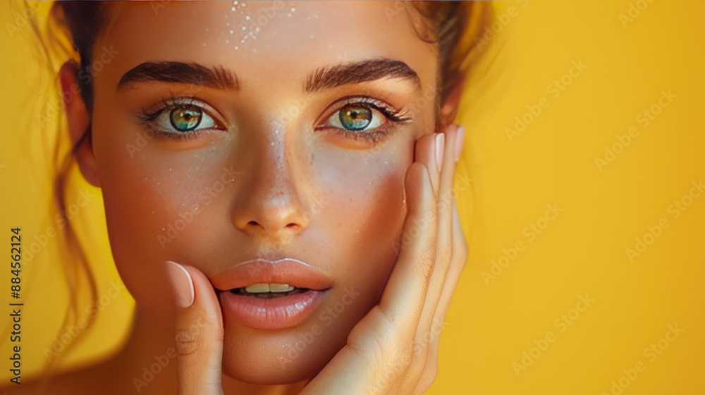 A beautiful model woman with perfect skin, touching her face gently against a soft yellow gradient background. A beautiful model woman with perfect skin, touching her face gently against a soft yellow gradient background.